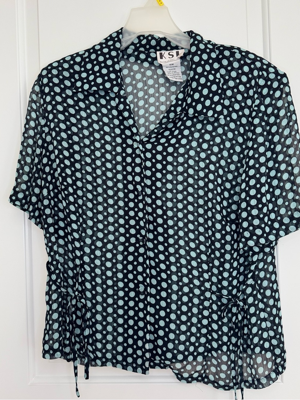 KSL Karen Stevens Women's Blouse 14W Black. And Blue Polka Dot Sheer Romantic
